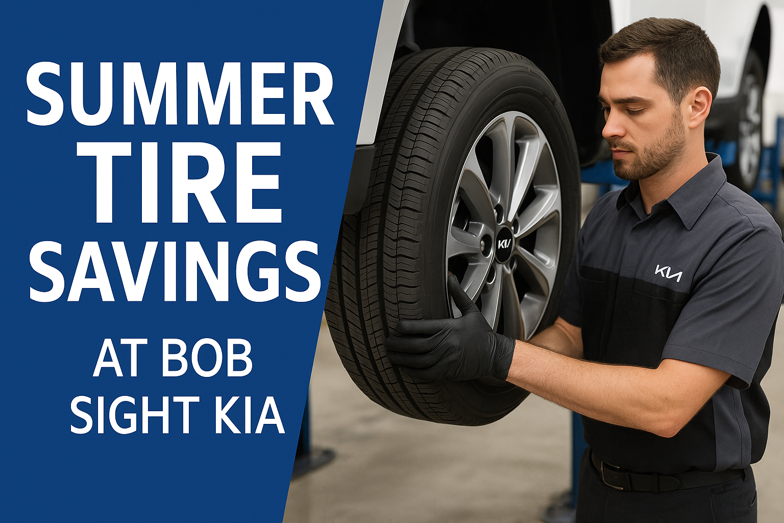 Kia technician installing a new tire during summer service at Bob Sight Kia in Independence MO.