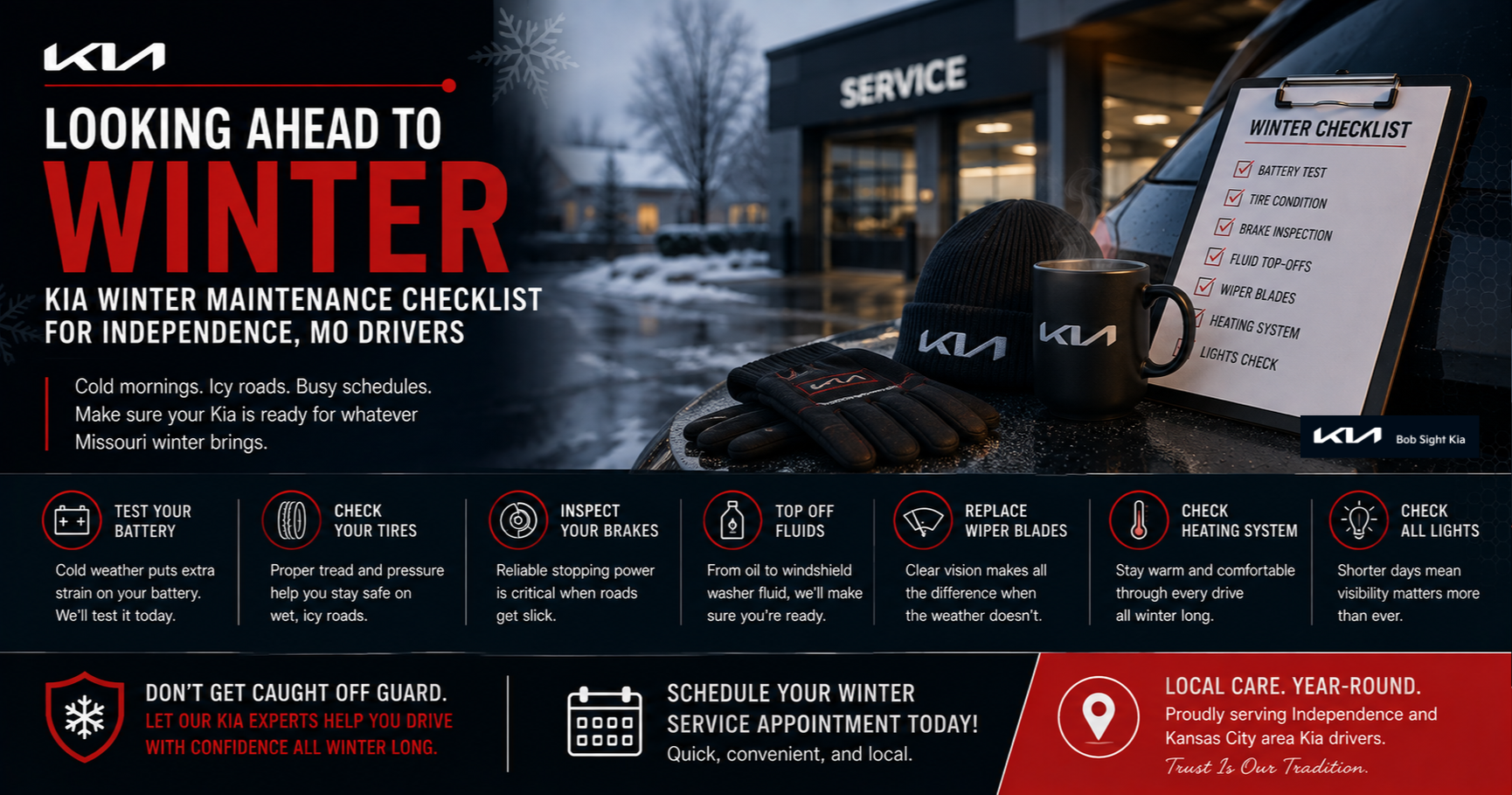Bob Sight Kia service technician inspecting tire tread depth and battery condition for winter maintenance in Independence MO