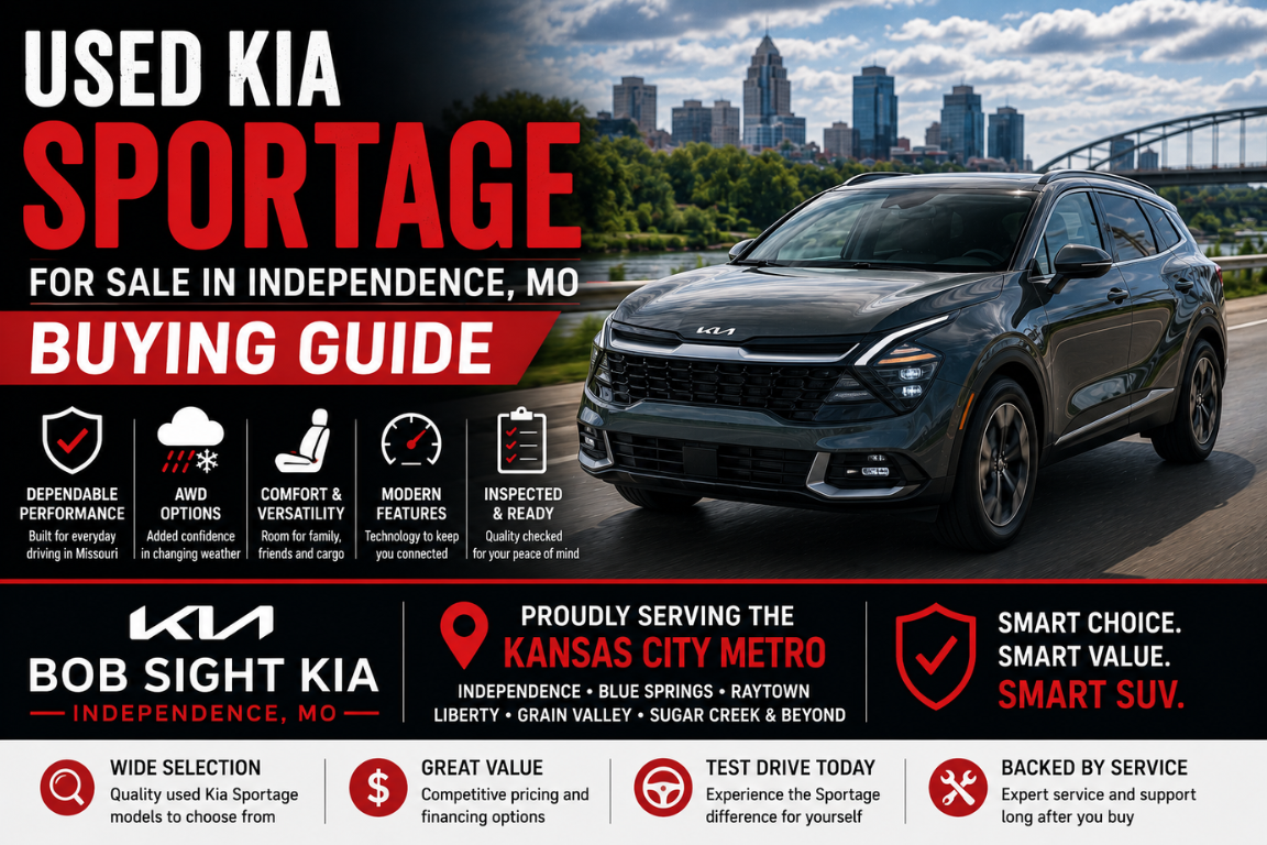 Bob Sight Kia used Kia Sportage SUV driving near the Kansas City skyline, highlighting dependable performance, AWD capability, modern technology, and versatility for used SUV shoppers in Independence, MO and the Kansas City Metro.