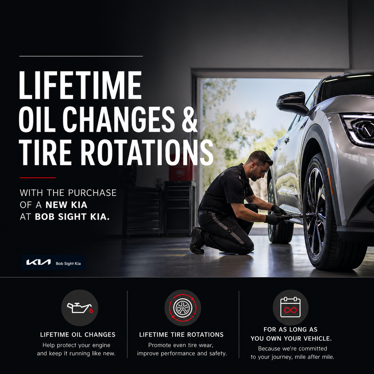Bob Sight Kia service graphic highlighting lifetime oil changes and tire rotations for drivers in Independence MO