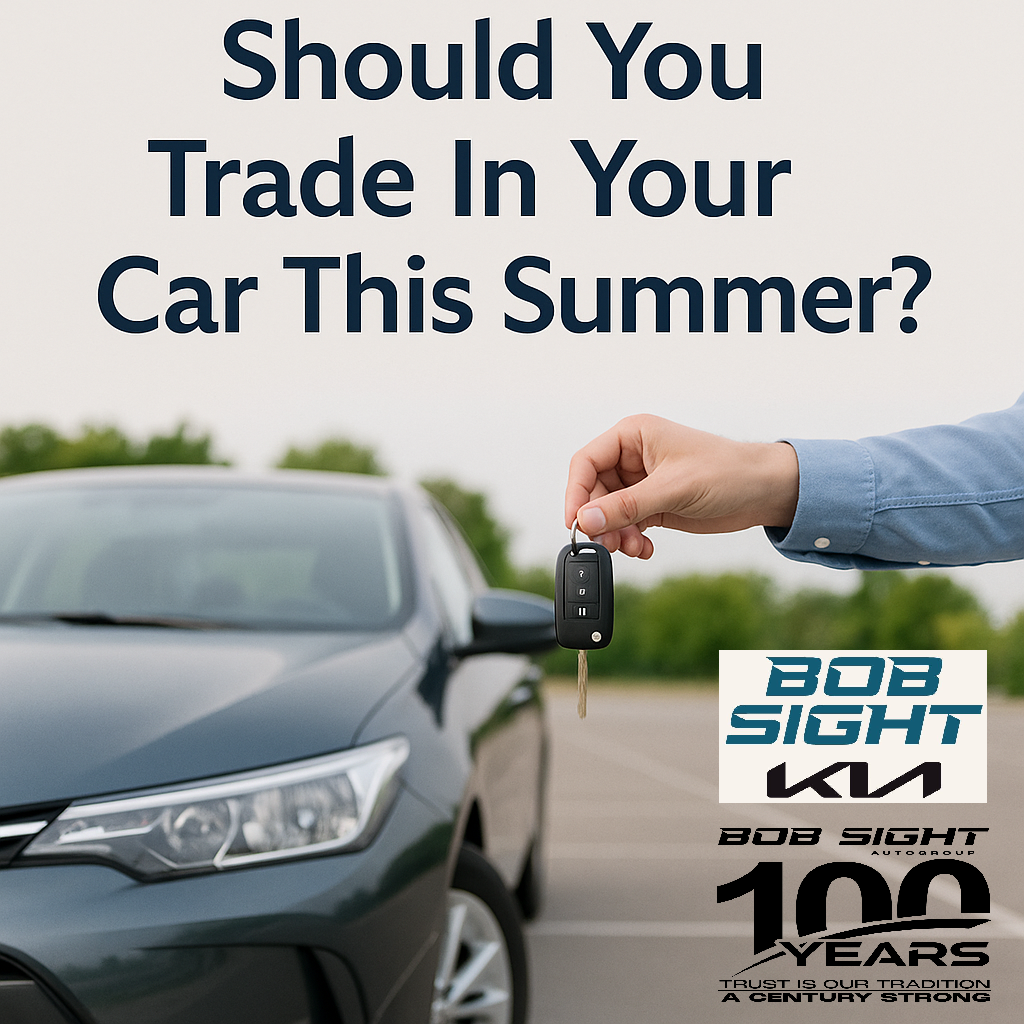 Bob Sight Kia summer trade-in graphic featuring the approved Bob Sight Kia logo and 100th Anniversary logo, promoting vehicle trade-ins.