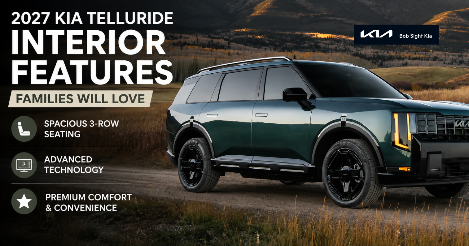 Bob Sight Kia 2027 Kia Telluride showcasing its spacious three-row interior, advanced technology, and premium comfort features for families in Independence, MO and the Kansas City Metro.