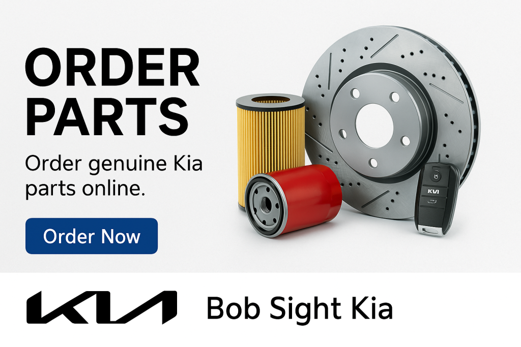 Bob Sight Kia online parts ordering promotion. Image shows genuine Kia parts including filters, brake rotor, and key fob with a call-to-action button labeled ‘Order Now
