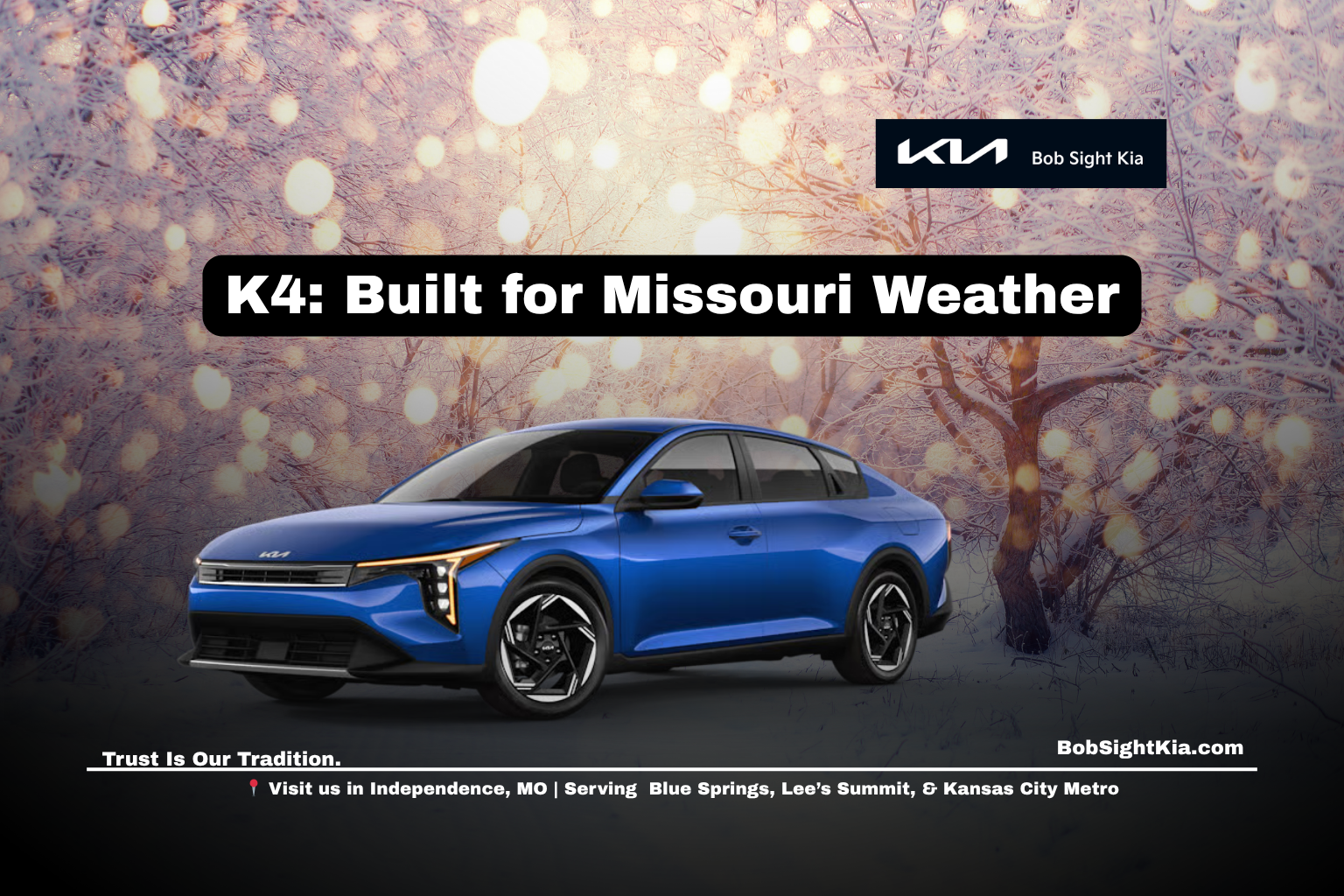 Kia K4 driving through Missouri weather conditions near Kansas City showcasing traction and visibility features.