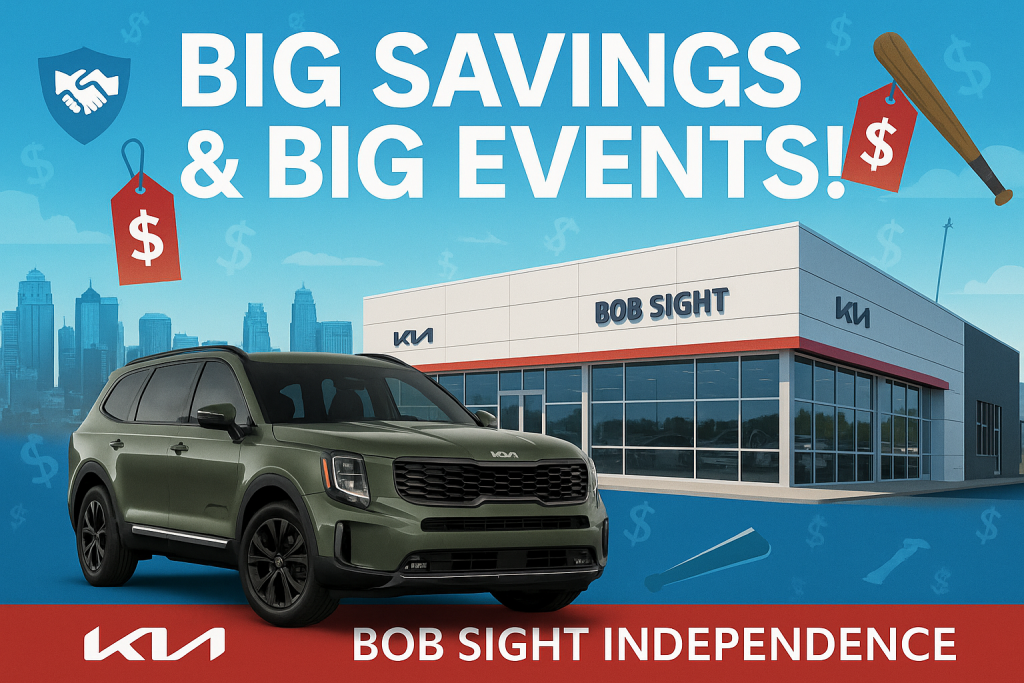 “Promotional banner for Bob Sight Independence Kia featuring a 2025 Kia Telluride SUV in front of the dealership with Kansas City skyline in the background. Bold text reads ‘Big Savings &amp; Big Events!’ with icons of price tags, a handshake, and a baseball bat.