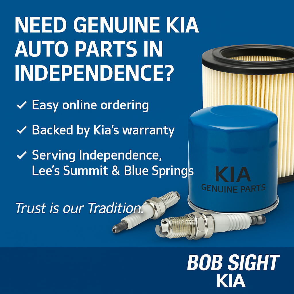 Display of genuine Kia auto parts including oil filters, wiper blades, and brake pads at Bob Sight Kia in Independence, MO