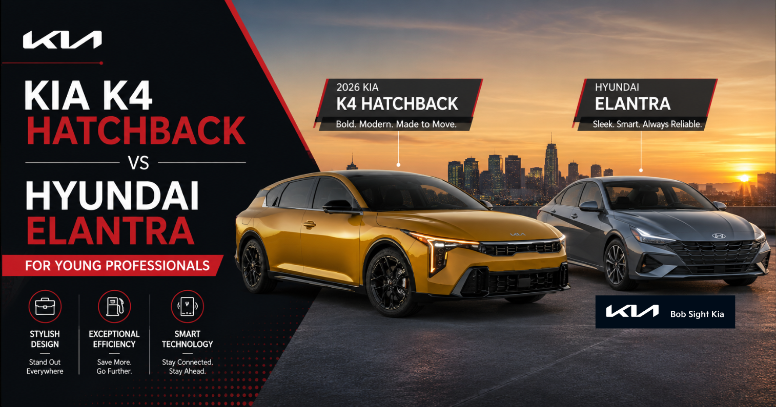 Bob Sight Kia comparison of the 2026 Kia K4 Hatchback and Hyundai Elantra, highlighting modern design, fuel efficiency, smart technology, and value for young professionals in Independence, MO and the Kansas City Metro.