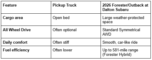 Comparison table of the features found in a pickup truck and the Subaru pickup truck alternatives