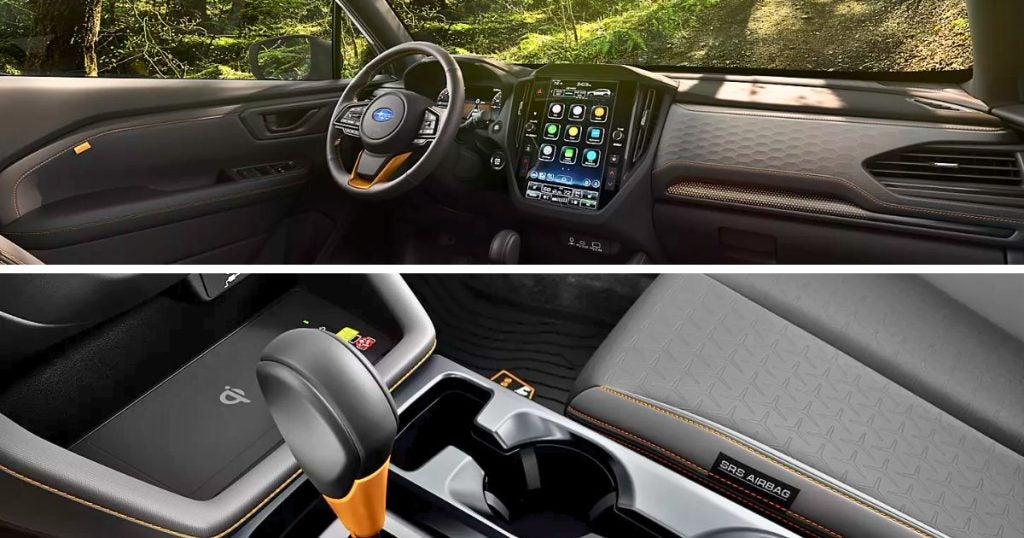 Standard 11.6-inch high-resolution touchscreen and wireless device charging in the 2026 Forester Wilderness