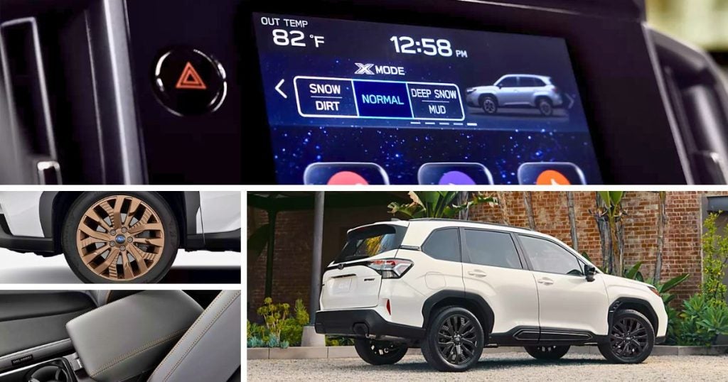 The characteristic interior and exterior features of the 2026 Subaru Forester Sport