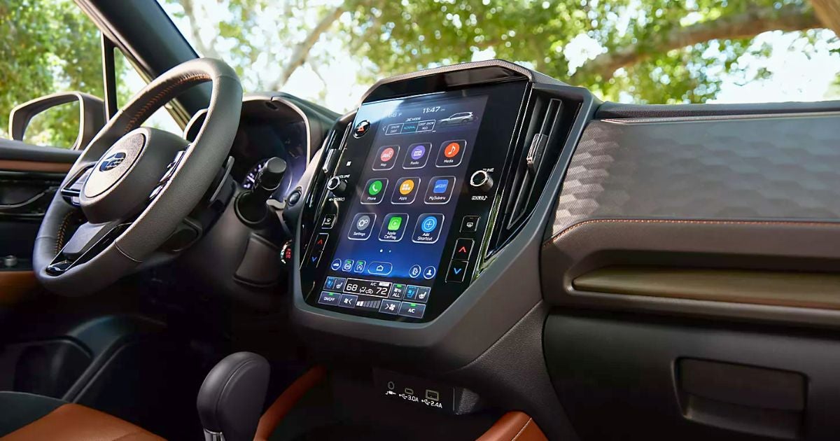 The 11.6-inch touchscreen with wireless Apple CarPlay and Android Auto in the 2026 Subaru Forester Sport