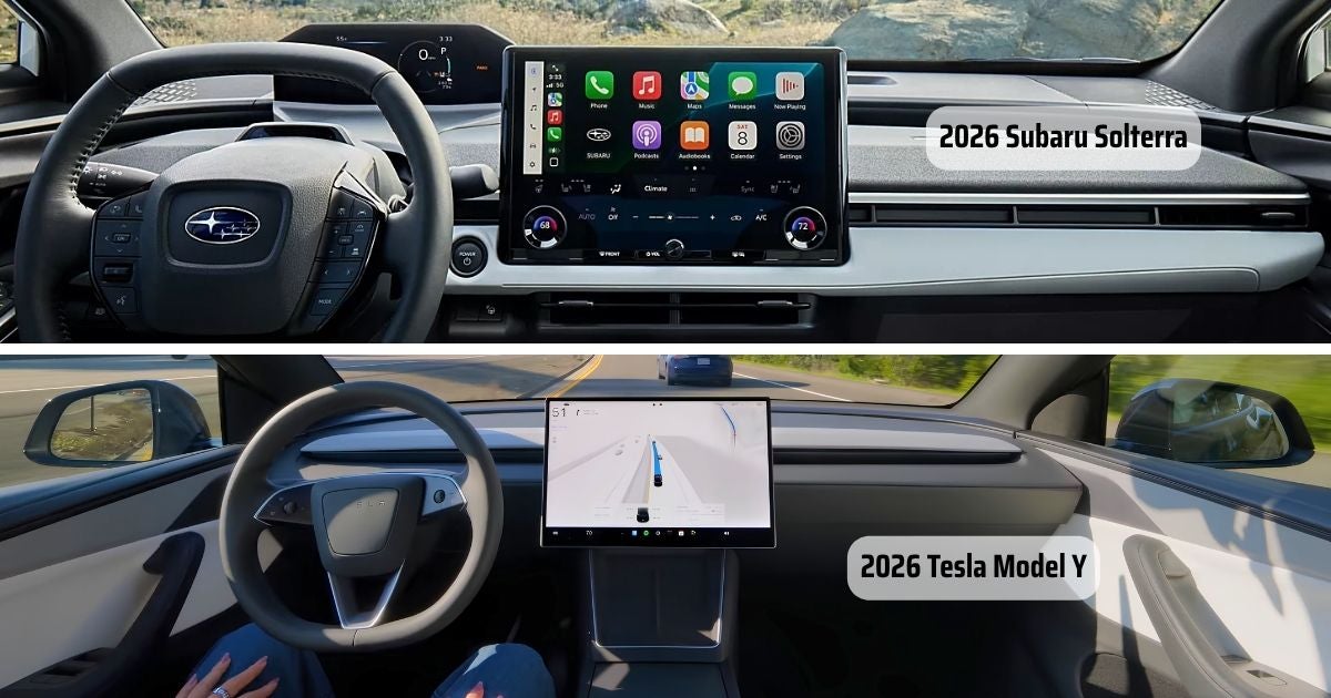 The 14-inch touchscreen on the 2026 Solterra vs 16-inch touchscreen on the 2026 Model Y