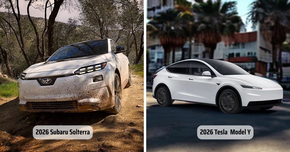 The exterior features of the 2026 Subaru Solterra vs Tesla Model Y