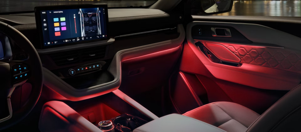 Red Ambient Lighting illuminating the interior of the 2026 Ford Explorer.