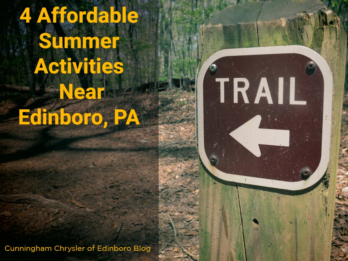 A graphic containing a photo of a trail post and the text: Four Affordable Summer Activities Near Edinboro, PA