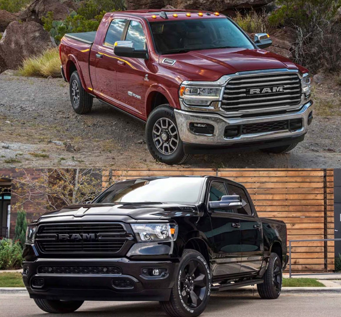 A photo of a 2024 RAM 1500 and a 2024 Ram 2500