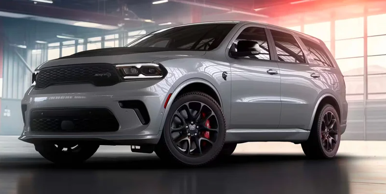 A silver 2025 Dodge Durango parker in a grage.