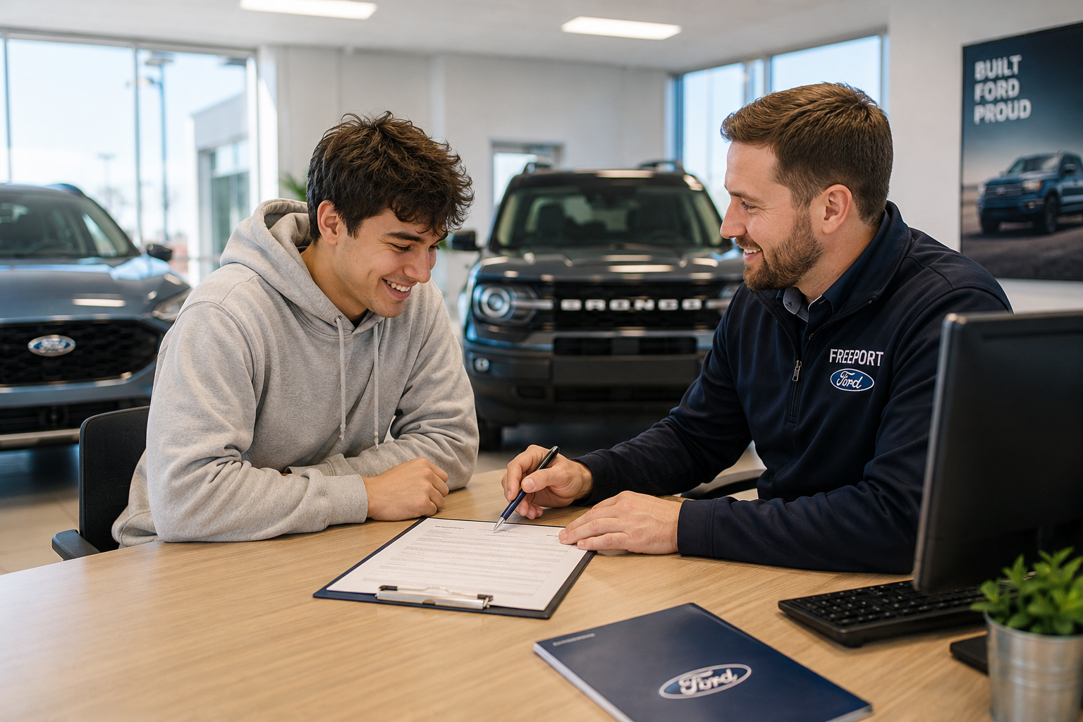 First time car buyer financing consultation at Freeport Ford