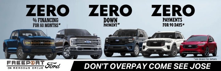 Promotional graphic for Freeport Ford highlighting the 0 0 0 Triple Zero year end event with zero percent APR for sixty months, zero down, and zero payments for ninety days.