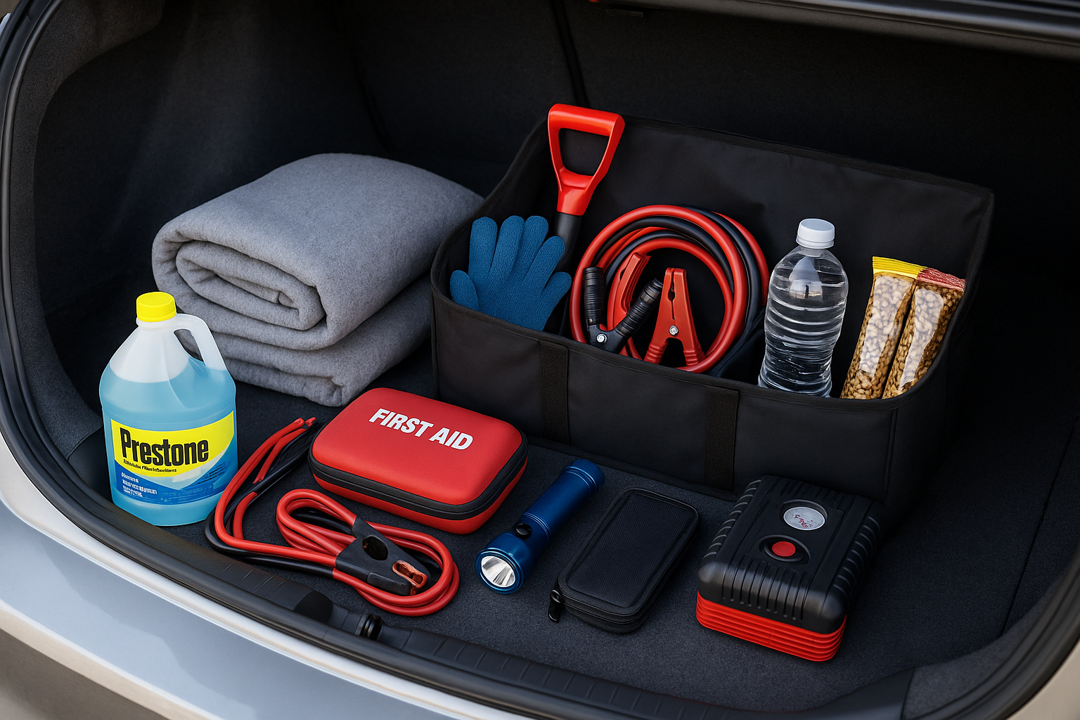 A neatly organized car trunk displaying a winter emergency kit, including a folded blanket, jumper cables, gloves, a mini shovel, bottled water, snacks, a first aid kit, washer fluid, a flashlight, a tool pouch, and a portable air compressor arranged inside a black trunk organizer.