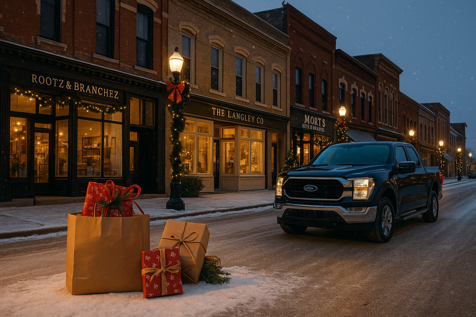 A winter evening street scene in downtown Freeport featuring local shops like Rootz and Branchez, The Langley Co., and Mort's, with Christmas lights, snow, gift bags on the sidewalk, and a Ford truck parked along the decorated street.