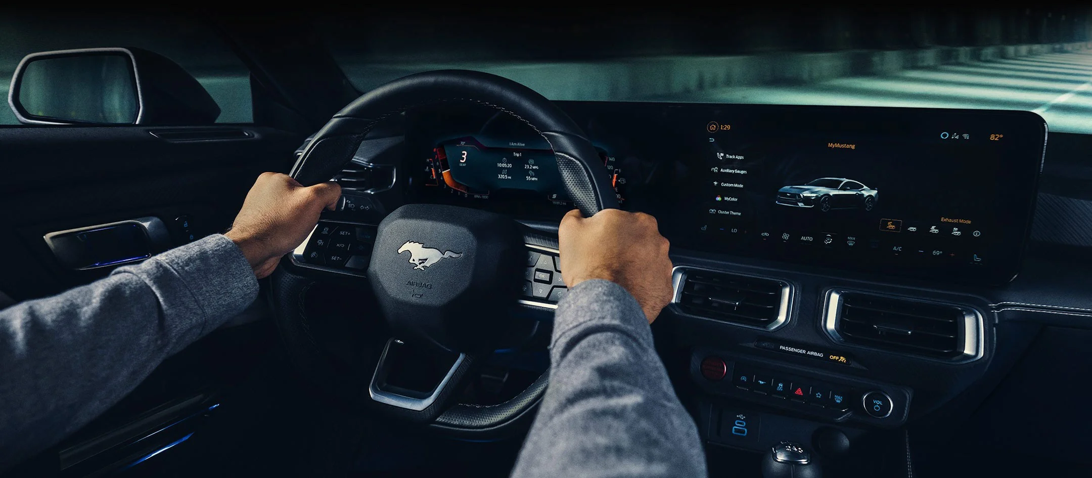 The interior of a 2024 Ford Mustang, controlled for noise quality