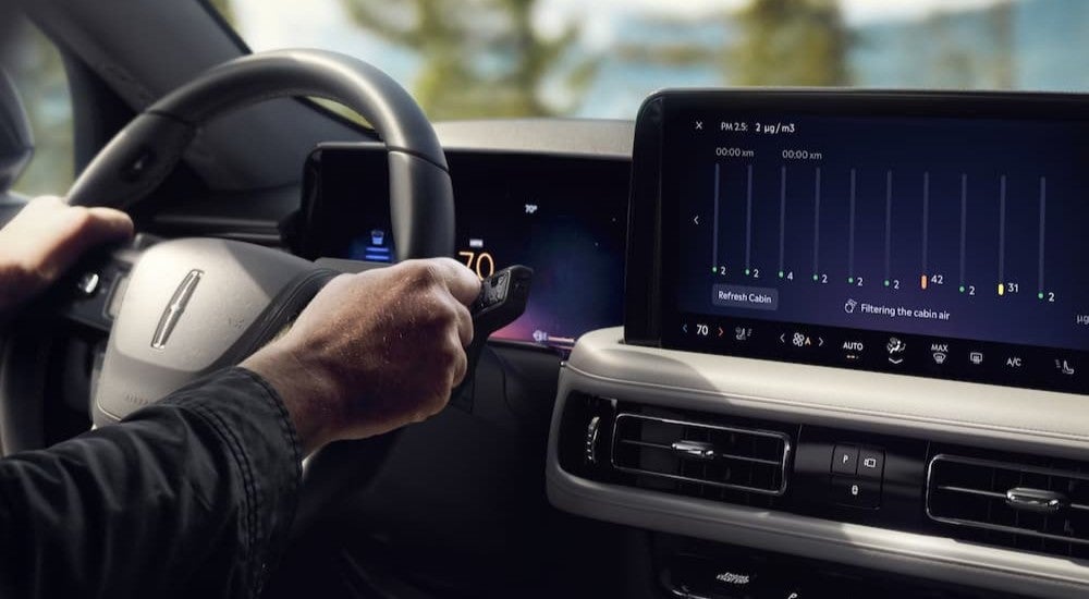 Steering wheel and infotainment screen in a 2026 Lincoln Aviator.