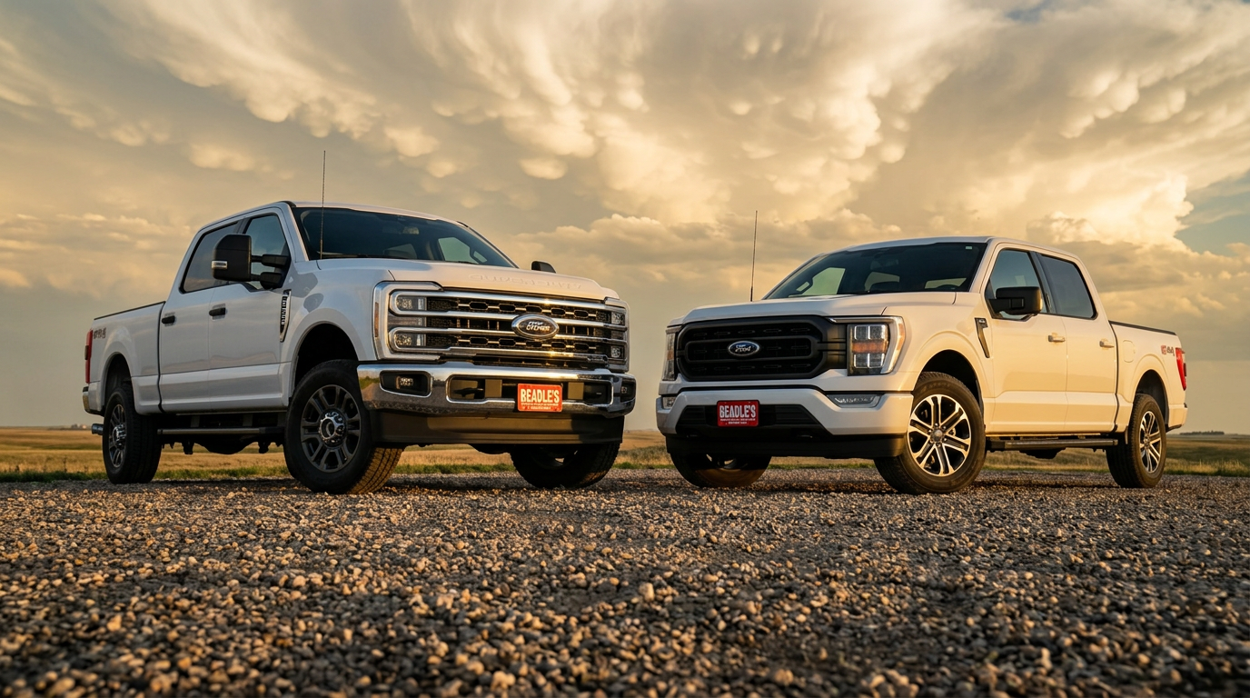 2027 Ford F-250 beside a Ford F-150 in South Dakota