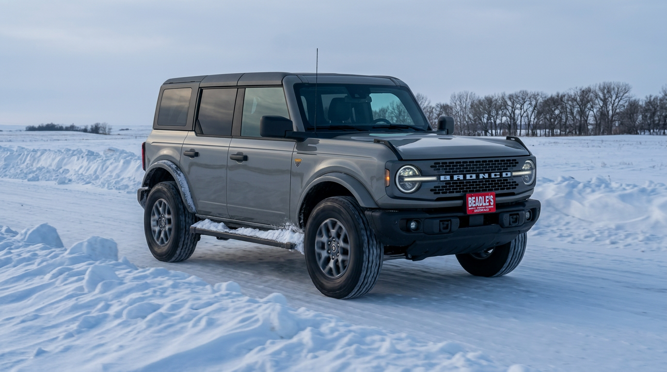 2026 Ford Bronco Badlands on a snow-packed central South Dakota section road in deep winter, drifted snow banks rising to the running boards