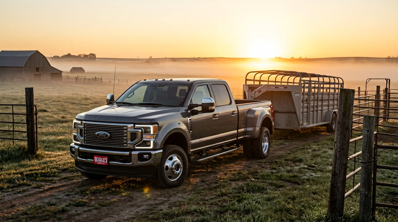 2027 Ford F-350 in Carbonized Gray Metallic at a working ranch at dawn with a gooseneck stock trailer