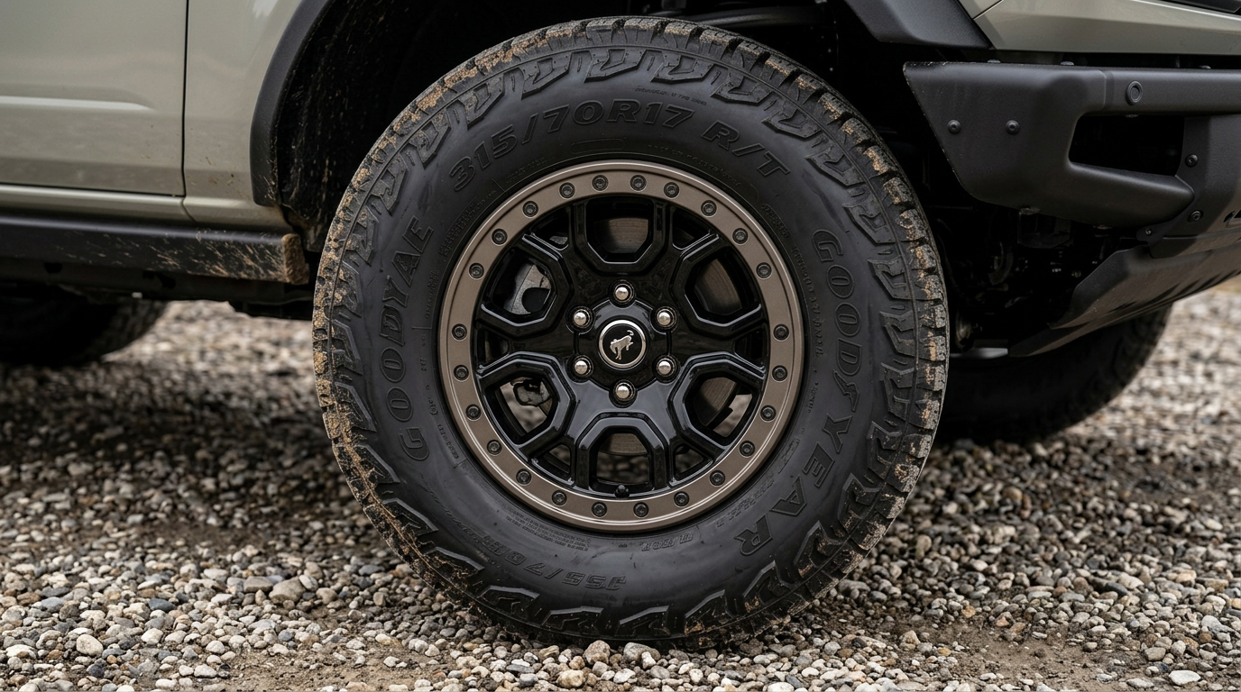 Close-up of a 2026 Ford Bronco Sasquatch beadlock-capable wheel and 35-inch R/T tire