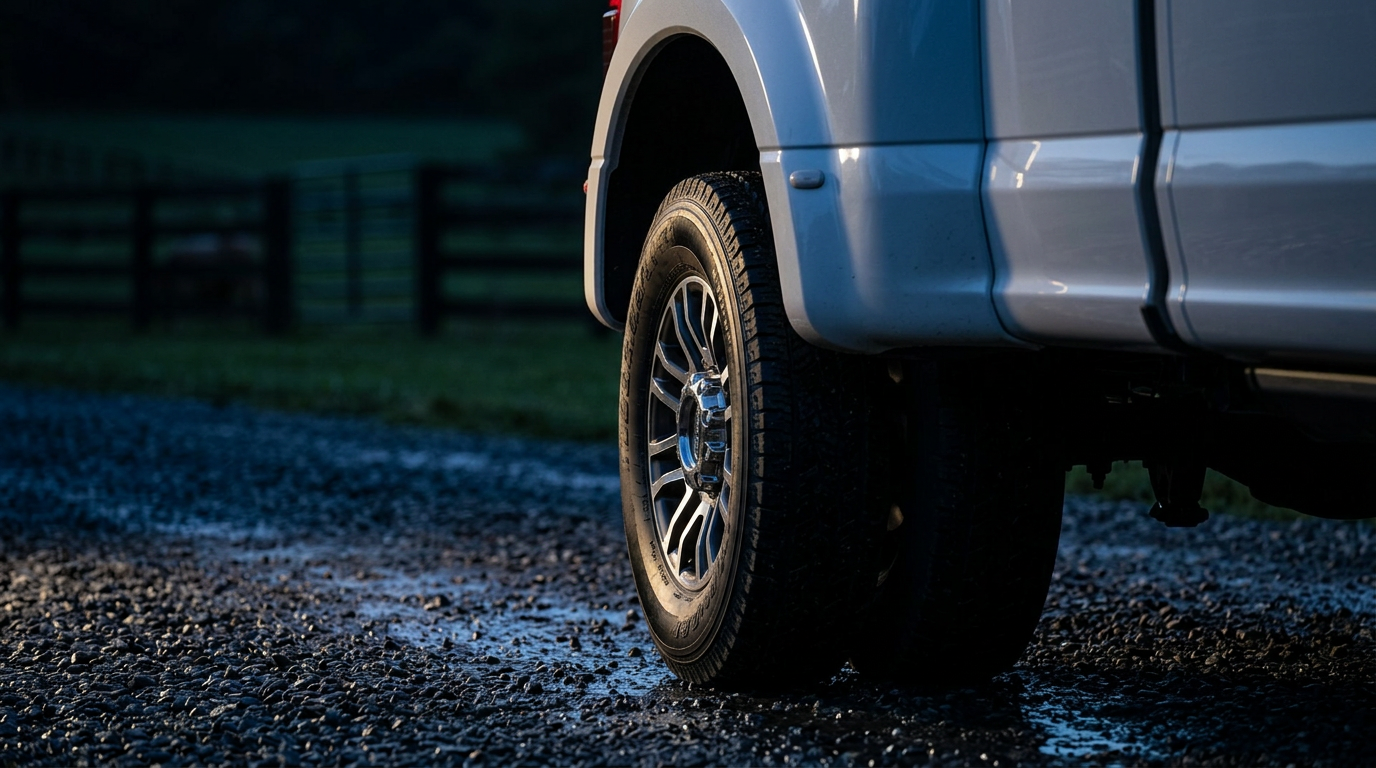 Close-up of the dual rear wheels on a 2027 Ford F-350 dually at blue hour