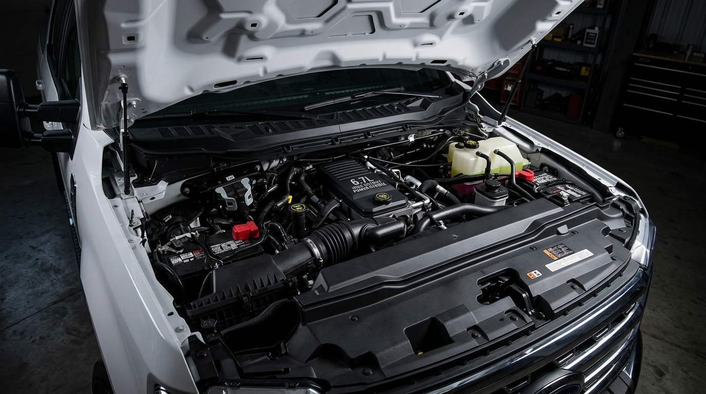 2027 Ford F-350 Super Duty engine bay with the available 6.7L High-Output Power Stroke diesel