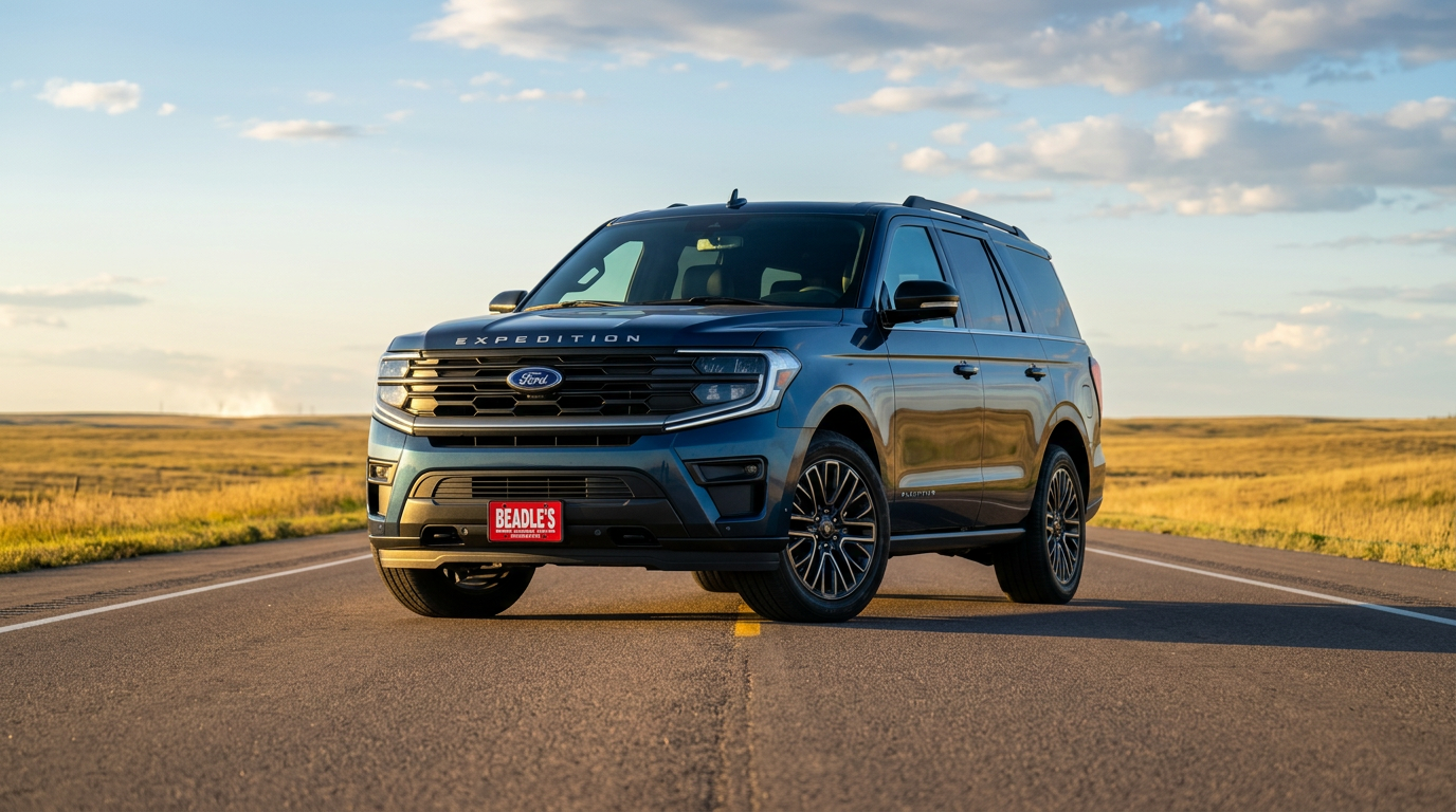 2027 Ford Expedition Platinum in Nocturnal Blue Metallic on a South Dakota highway at golden hour