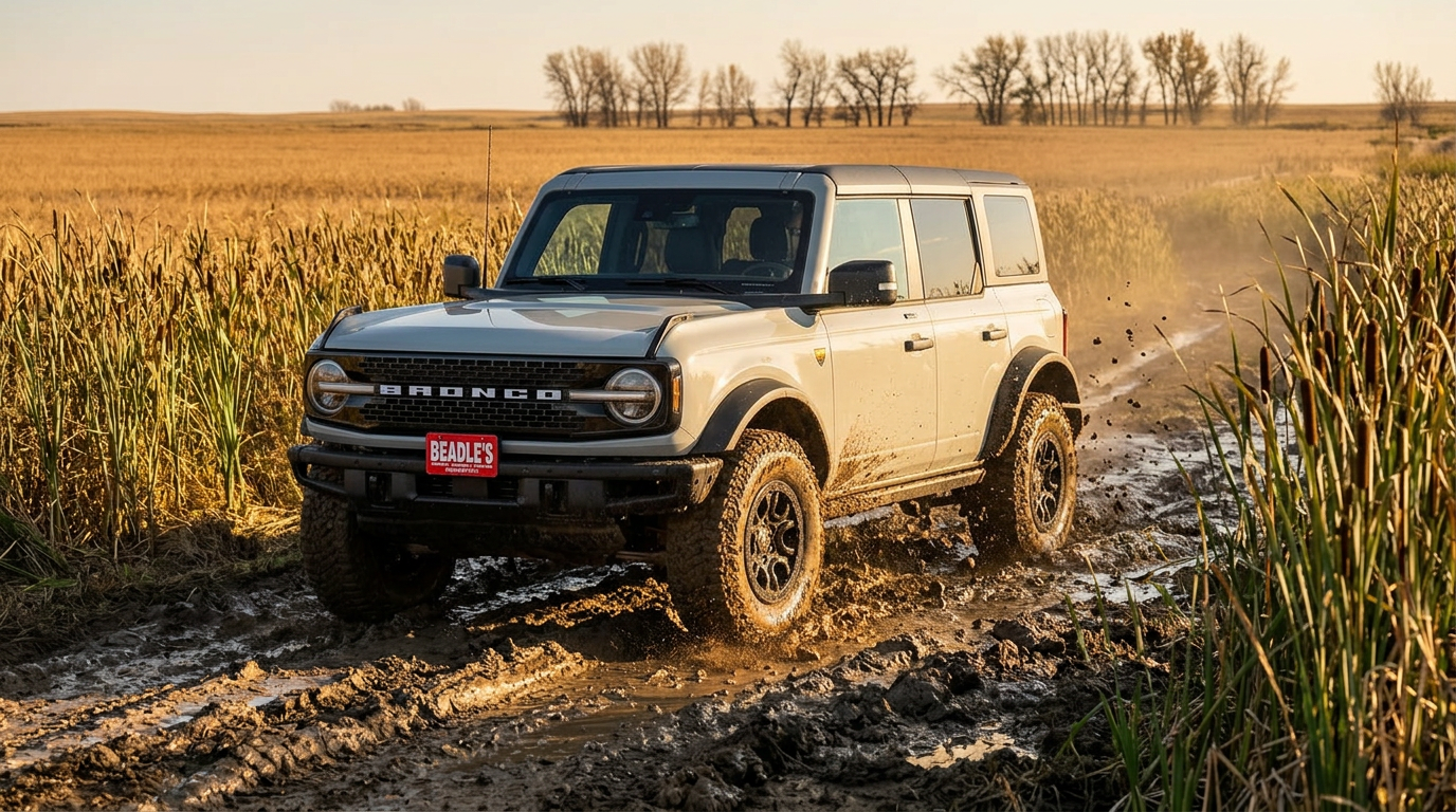 2026 Ford Bronco Wildtrak with Sasquatch Package powering through mud on a CRP cattail-slough access road in central South Dakota
