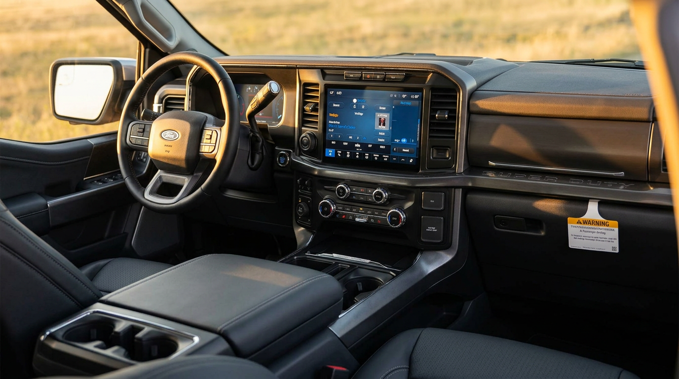 2027 Ford F-350 Lariat interior with the 12-inch SYNC 4 touchscreen