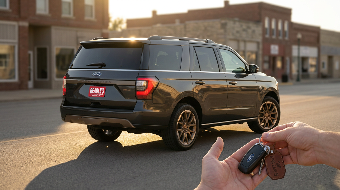 2027 Ford Expedition at golden hour on a South Dakota main street — delivery day at Beadle Ford