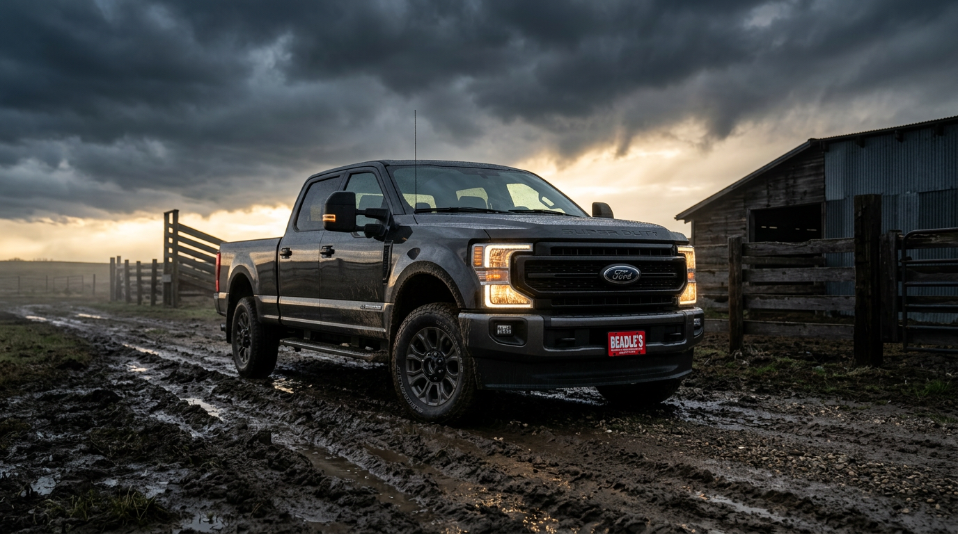 2027 Ford F-350 Super Duty Carhartt Edition at a ranch during a storm break