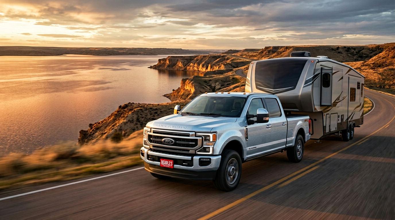 2027 Ford F-250 towing a fifth-wheel camper near Lake Oahe, SD