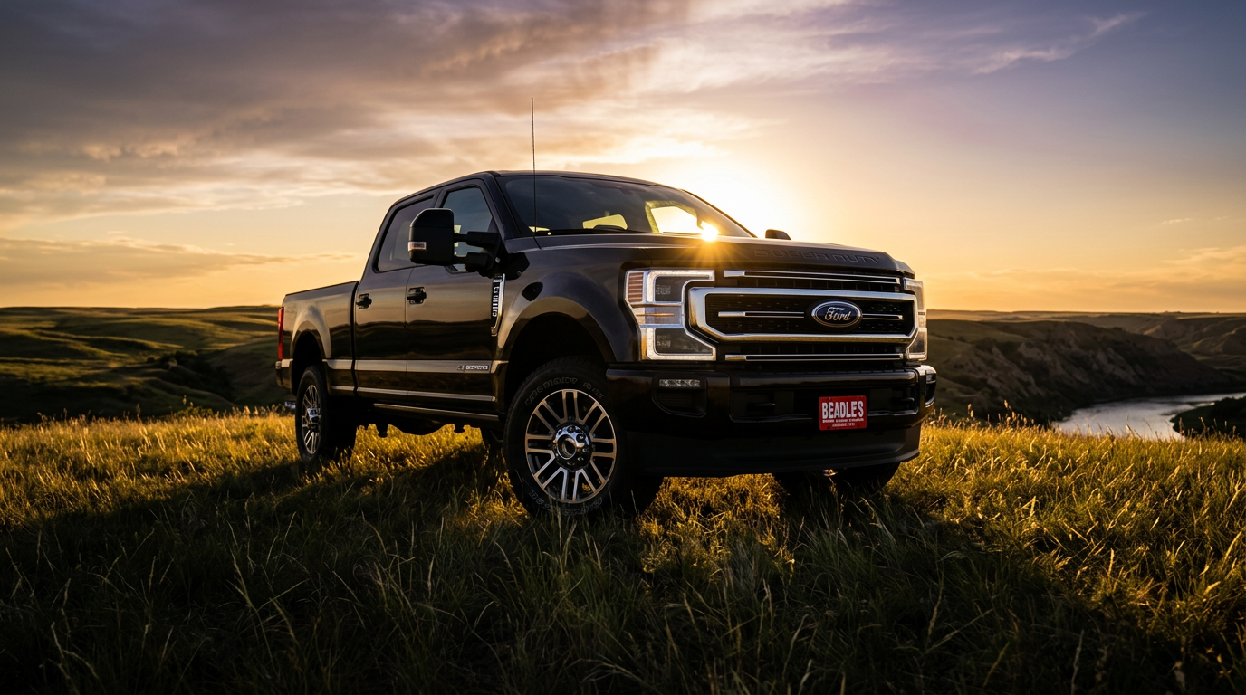 2027 Ford F-350 Lariat in Agate Black Metallic on a Missouri River bluff at golden hour