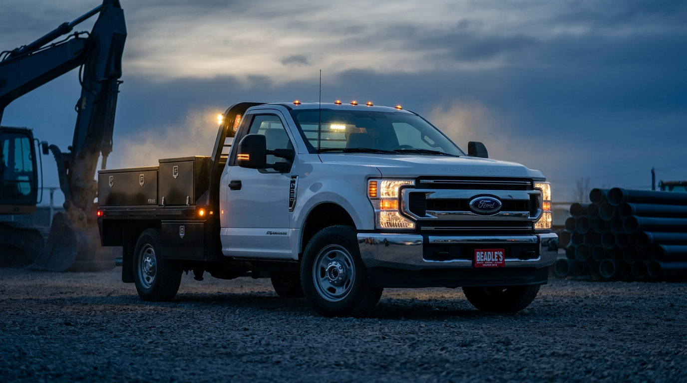 2027 Ford F-350 work truck with a flatbed upfit at a jobsite during blue hour