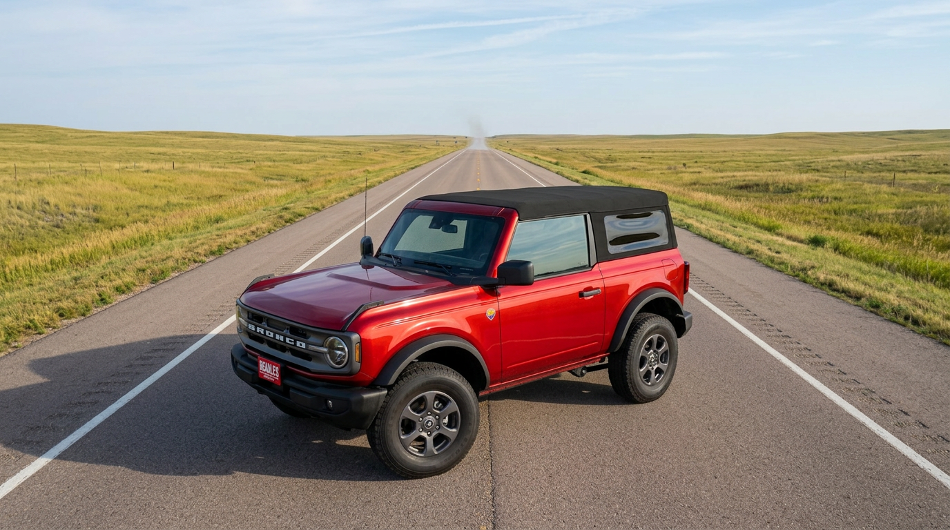 2026 Ford Bronco 2-Door Big Bend in Ruby Red Metallic Tinted Clearcoat parked on an empty South Dakota state highway with open prairie horizon