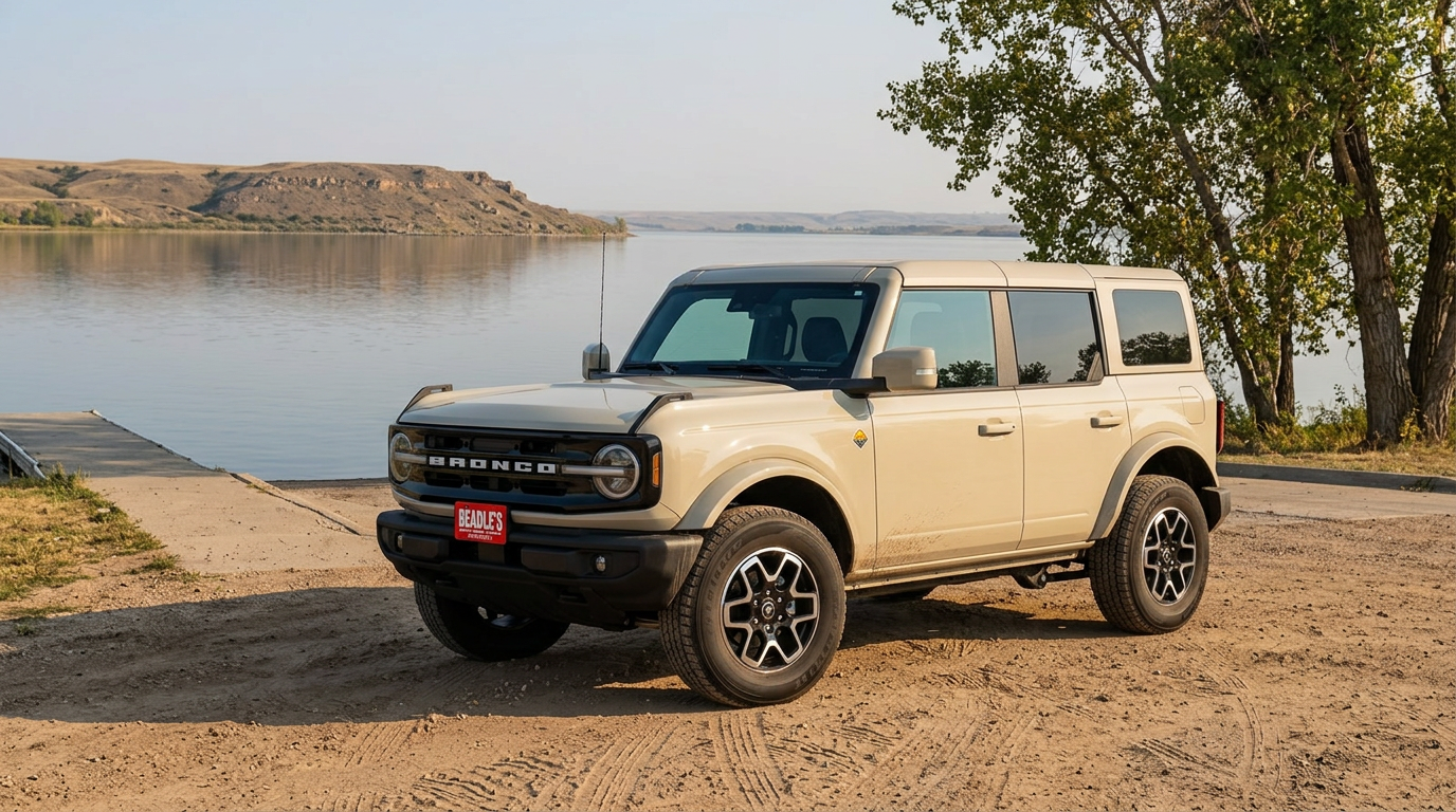 2026 Ford Bronco Outer Banks at the Lake Oahe shoreline, ready for a fishing trip from Bowdle