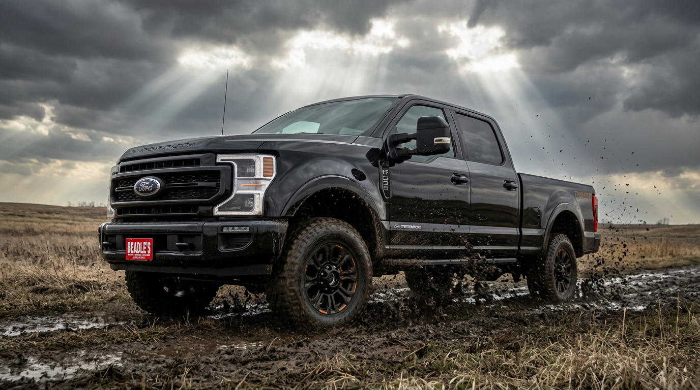 2027 Ford F-350 Tremor Off-Road in Agate Black Metallic powering through mud under a storm sky