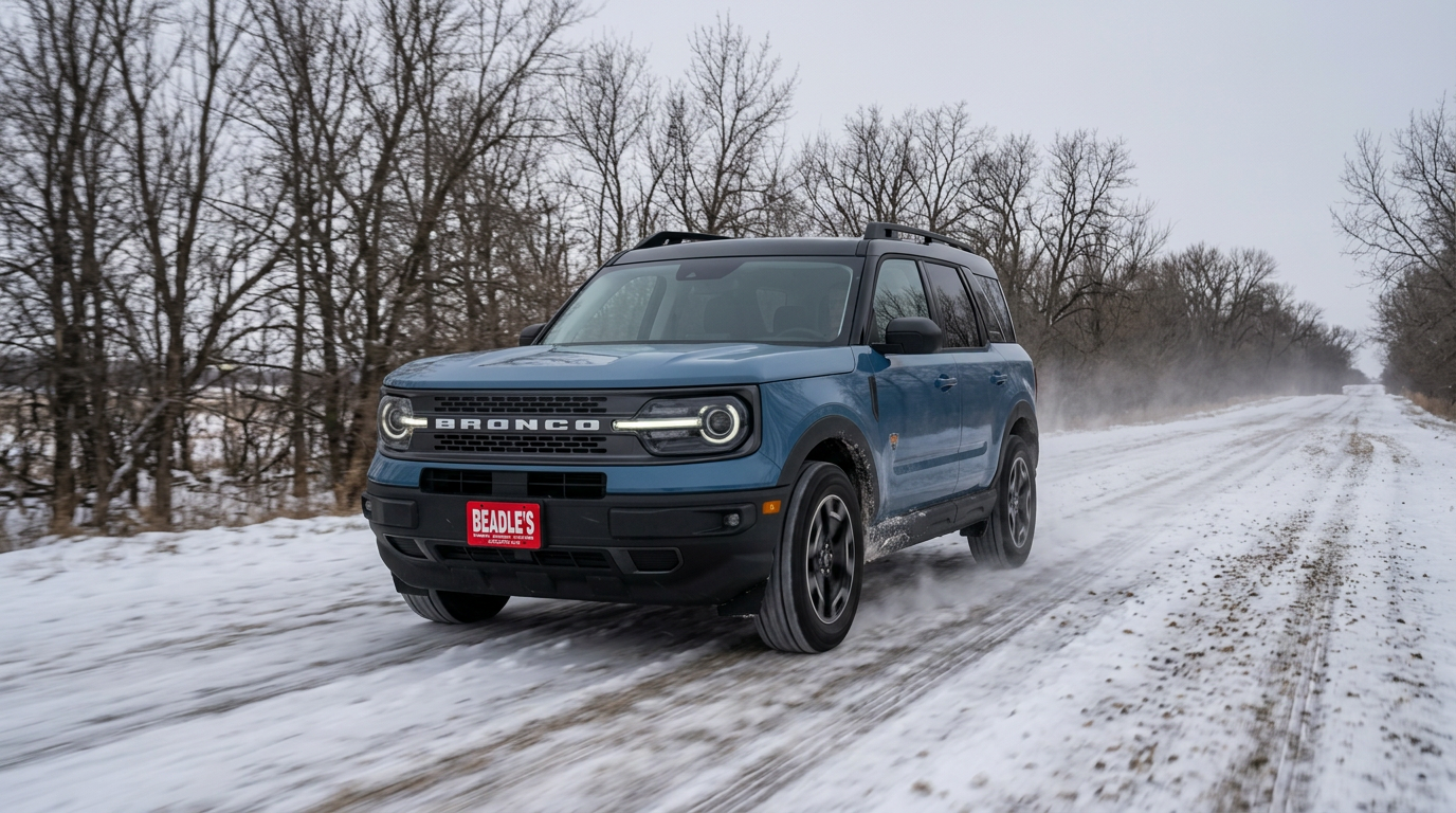 2026 Ford Bronco Sport on snow-covered gravel road South Dakota winter