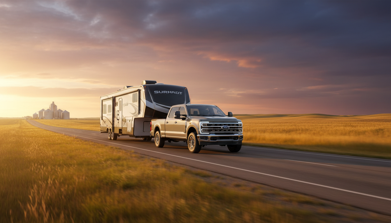 2026 Ford F-250 towing an enclosed trailer in South Dakota