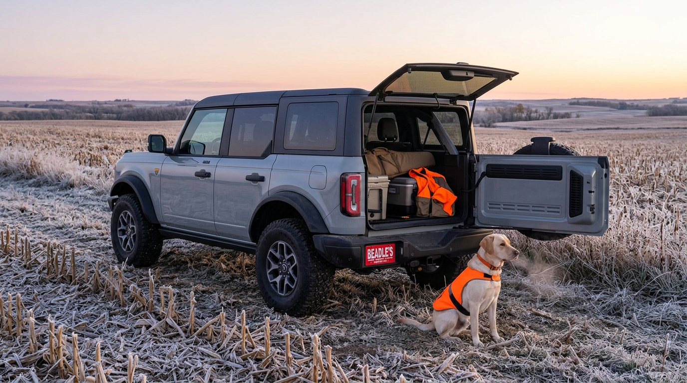 2026 Ford Bronco Badlands parked at a harvested South Dakota cornfield at dawn during pheasant season, rear swing gate open with a yellow Labrador in a blaze orange vest beside the bumper