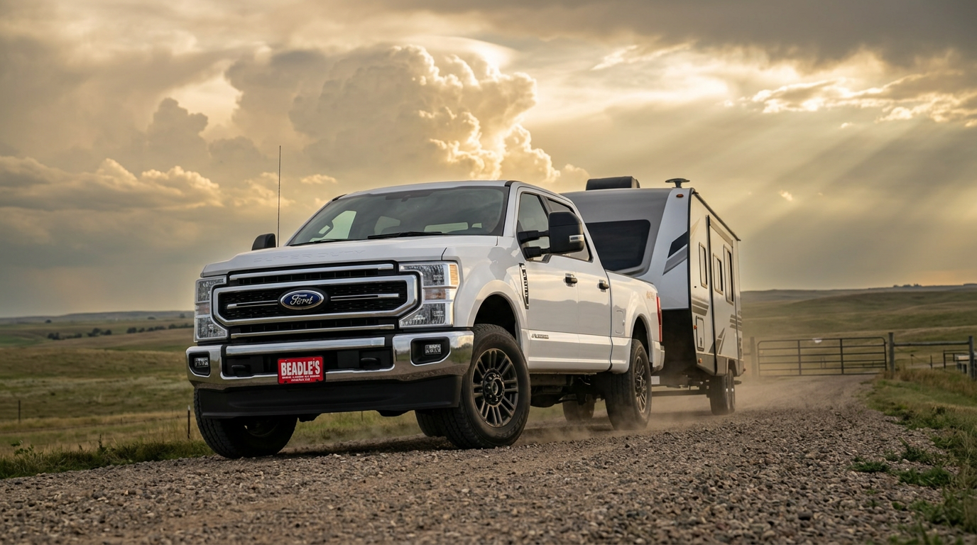 2027 Ford F-250 towing a travel trailer in South Dakota