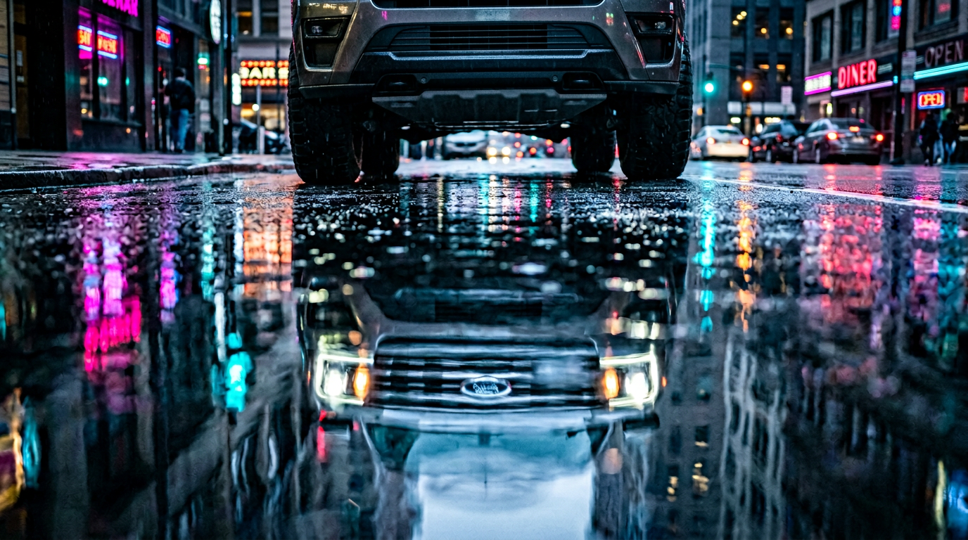 2027 Ford Expedition reflected on a wet street — Beadle Ford Bowdle SD