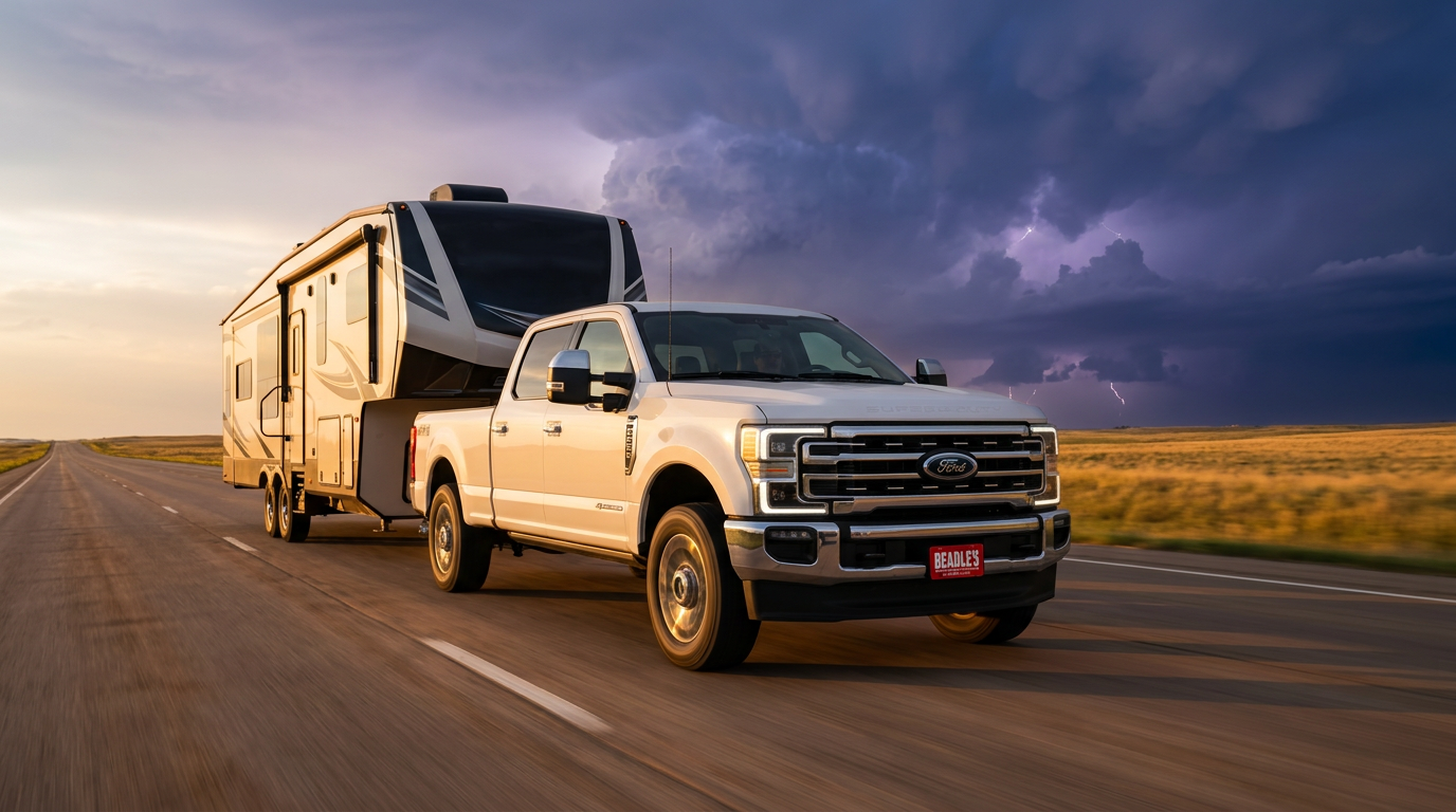 2027 Ford F-350 in Oxford White towing a fifth-wheel RV on a South Dakota highway at sunset